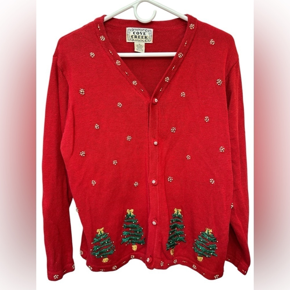 Vintage Cove Creek Holiday embroidered Beaded Red Christmas Cardigan Sweater